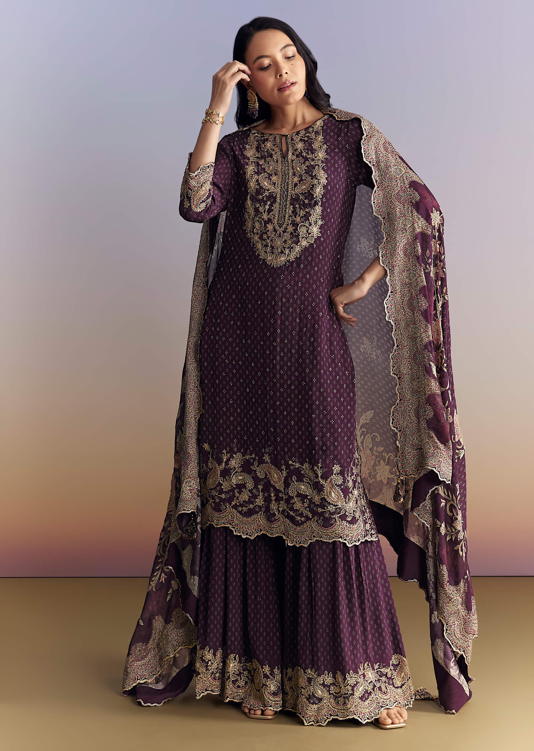 Purple Crepe Sharara Suit With Indie Print And Zari Work