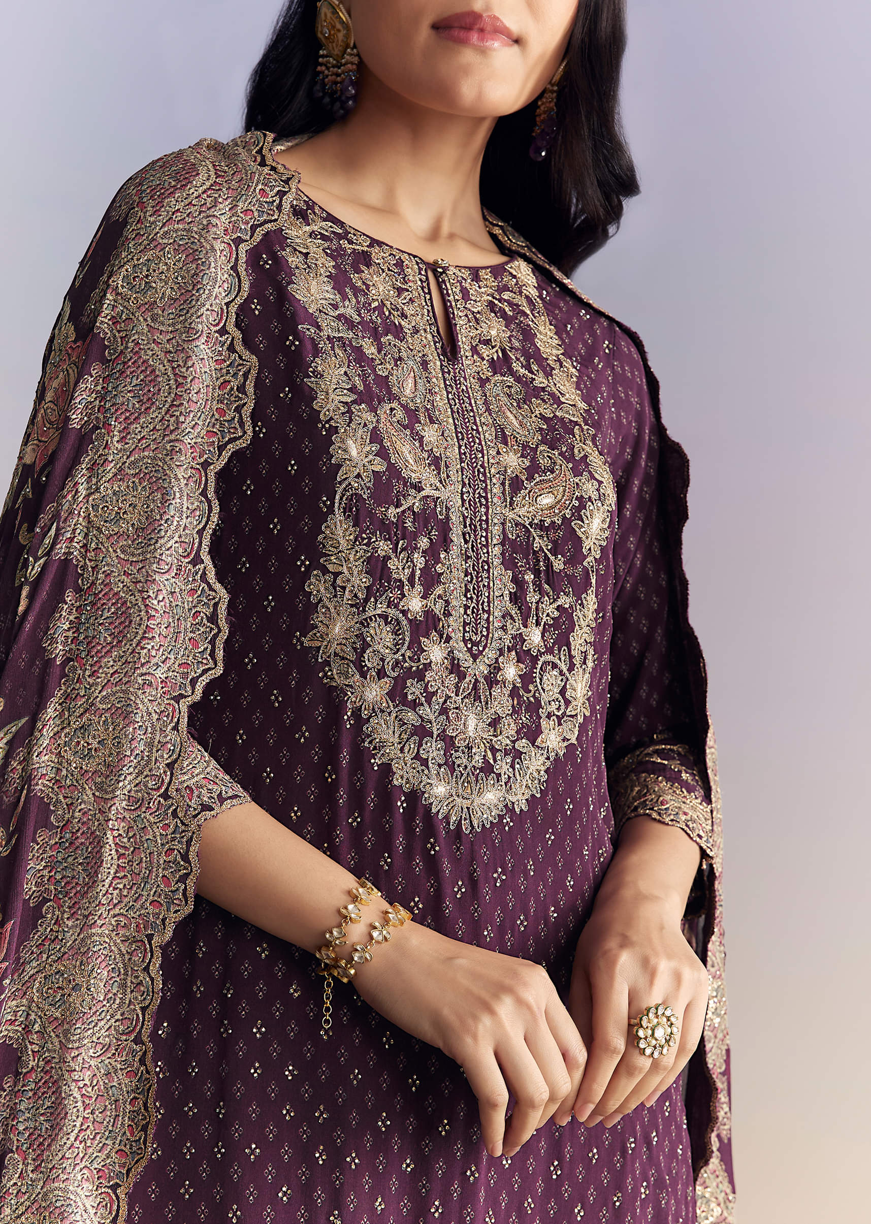 Purple Crepe Sharara Suit With Indie Print And Zari Work
