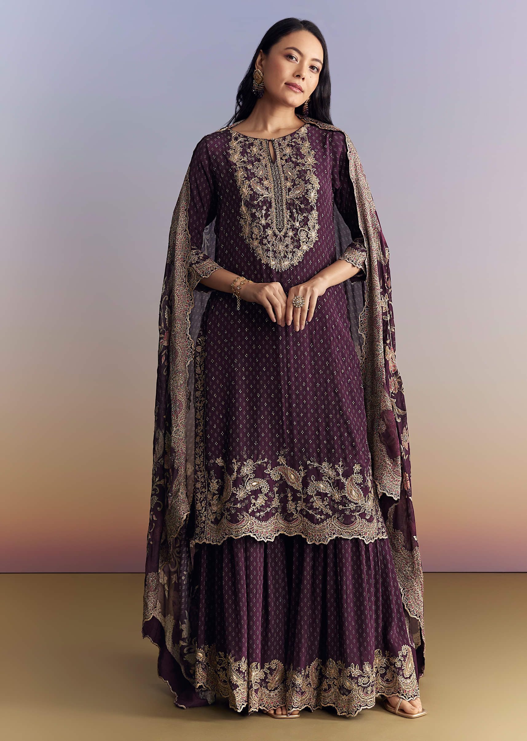 Purple Crepe Sharara Suit With Indie Print And Zari Work