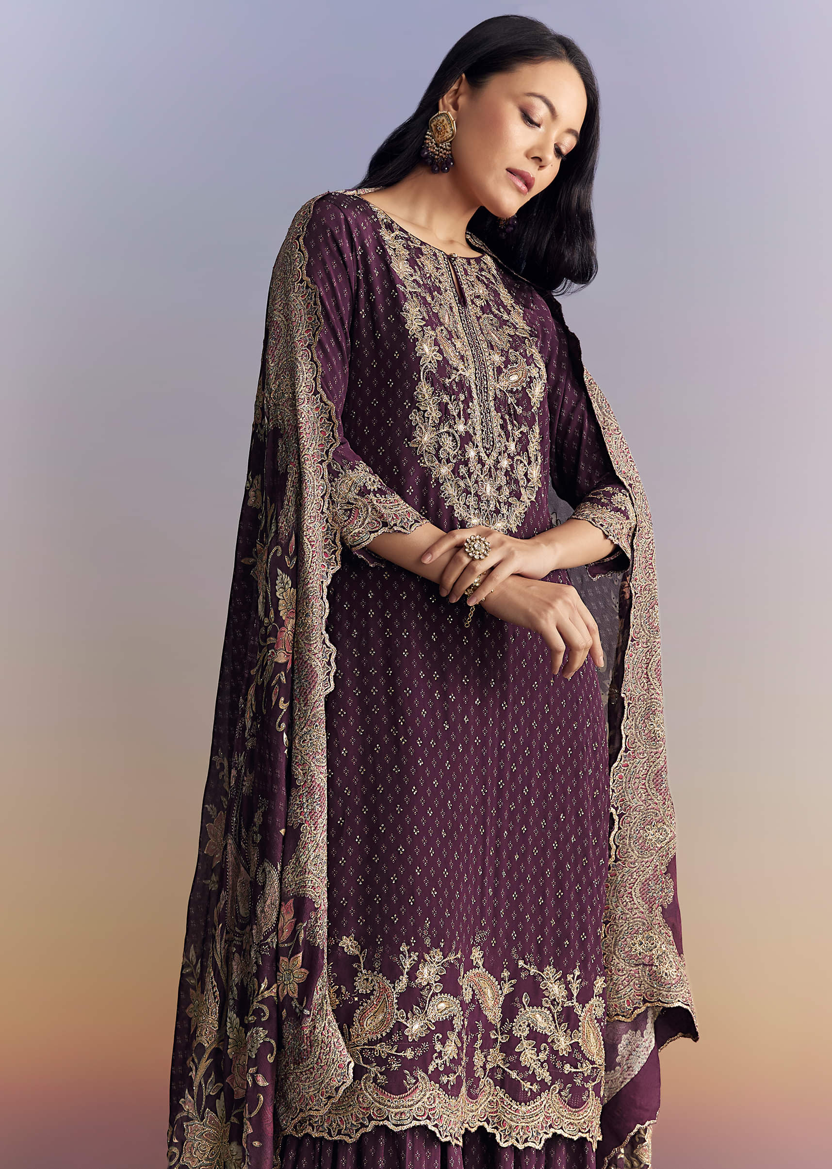 Purple Crepe Sharara Suit With Indie Print And Zari Work