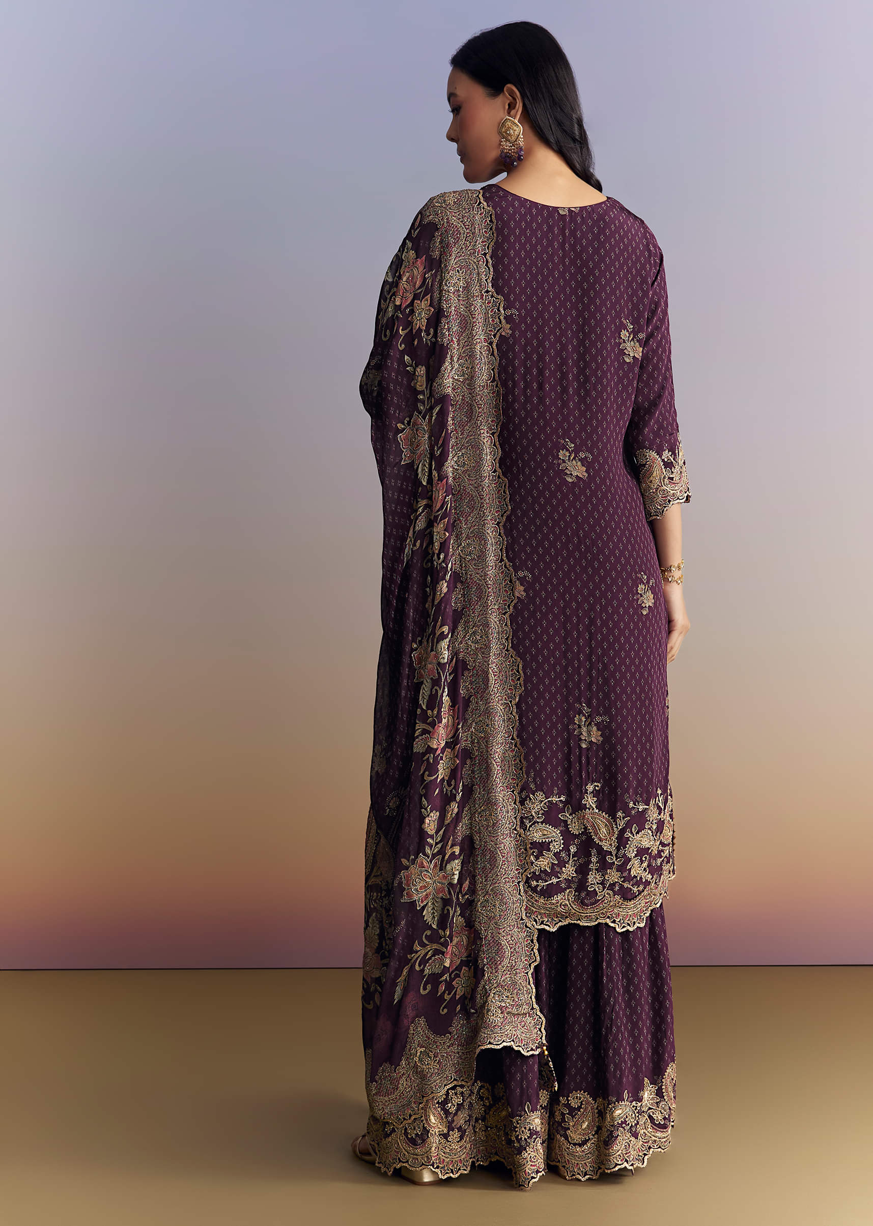 Purple Crepe Sharara Suit With Indie Print And Zari Work