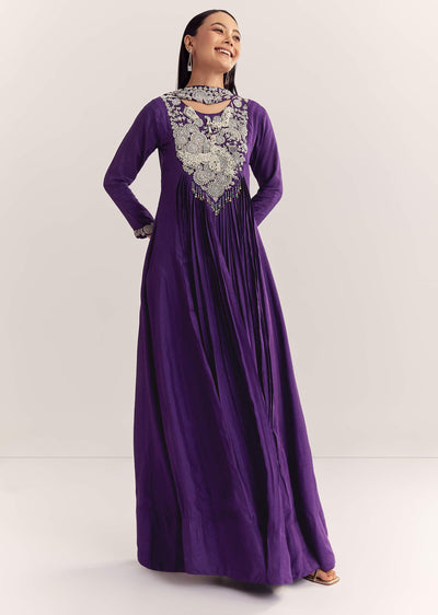 Purple Dola Silk Anarkali With Silver Zardosi And Choker Dupatta