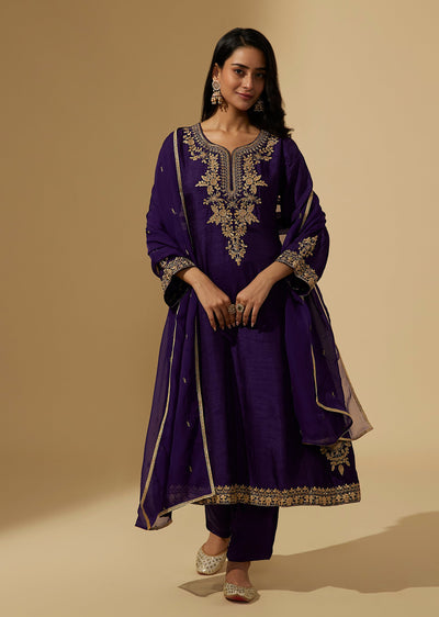 Purple Dola Silk Zari Embroidered Anarkali Suit Set