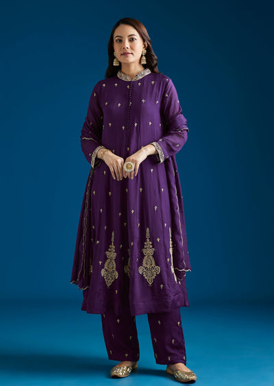 Purple Embroidered Chinon Anarkali Set With Pant And Dupatta