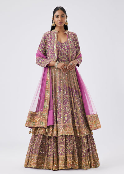 Purple Floral Mirror And Zari Anarkali With Layered Jacket Look