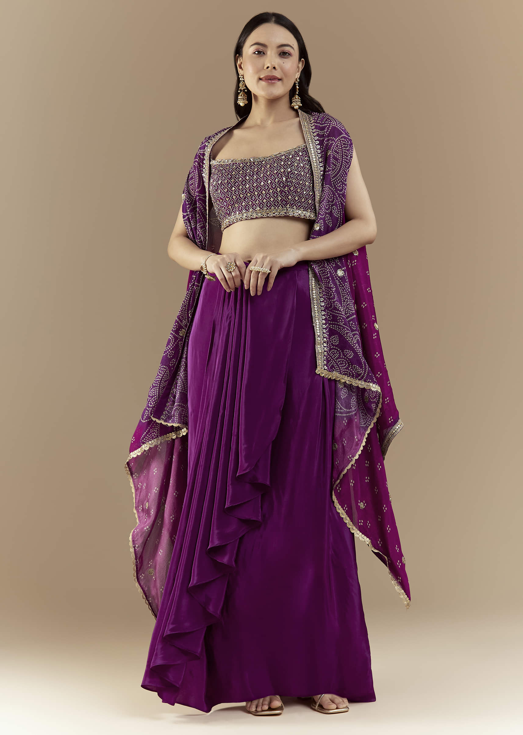 Purple Fusion Crop Top Skirt Set with Bandhani Cape