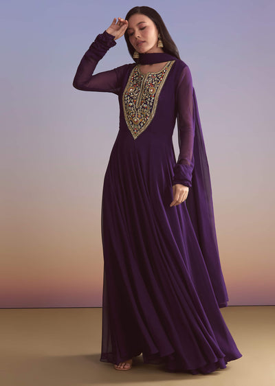 Purple Georgette Anarkali Suit With Sequins And Resham Embroidery
