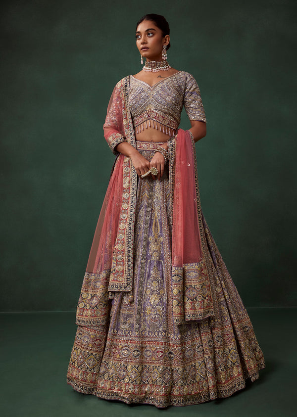 Purple Georgette Printed and Embroidered Kali Bridal Lehenga Set
