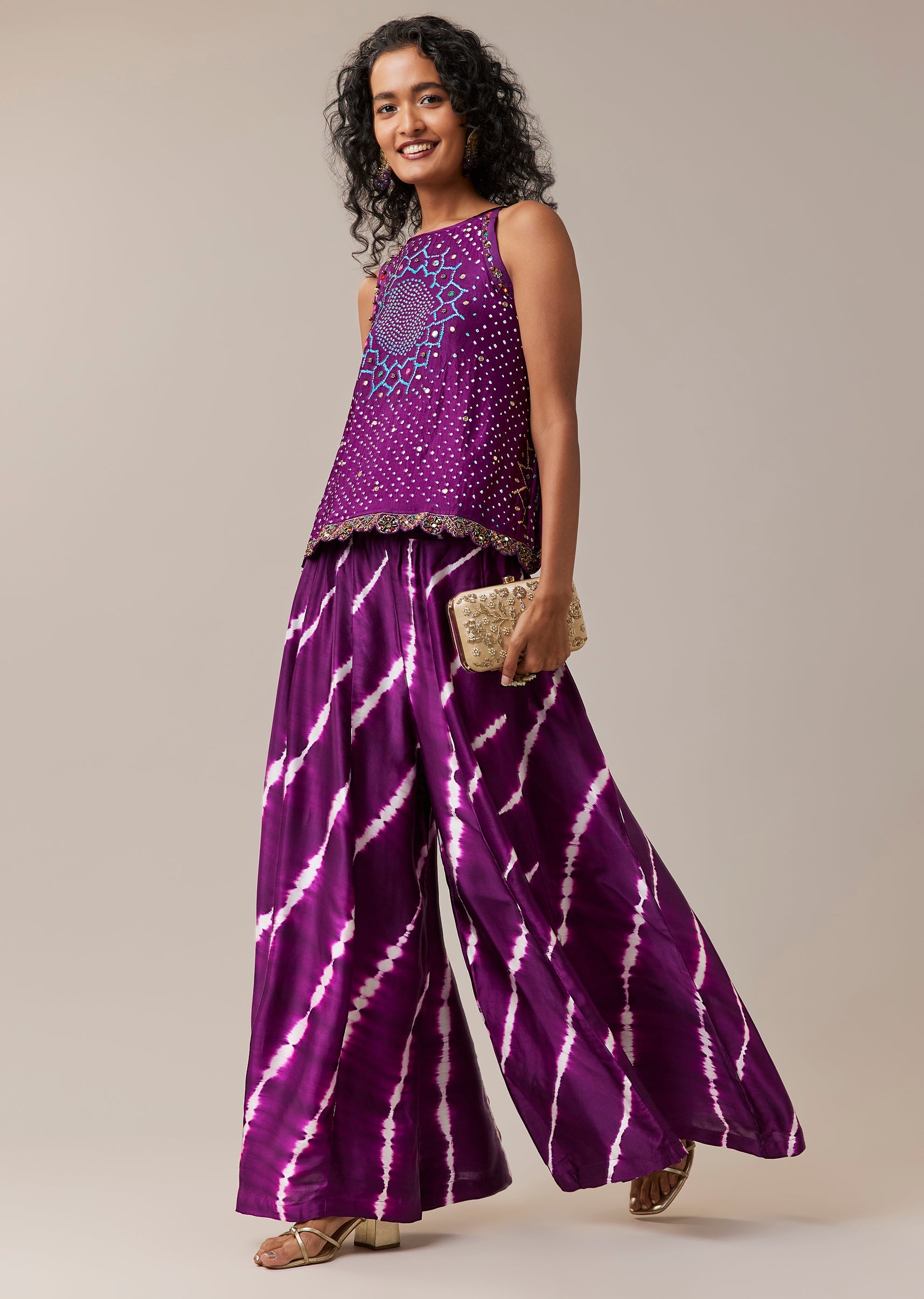 Buy Purple Hand Dyed Bandhani Top and Leheriya Palazzo Co-ord Set with ...