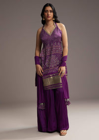 Purple Modal Satin Palazzo Suit With Bandhani Print