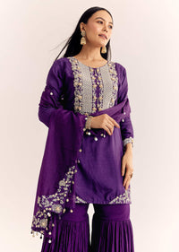 Purple Moti Threadwork Dola Silk Sharara Suit With Organza Dupatta