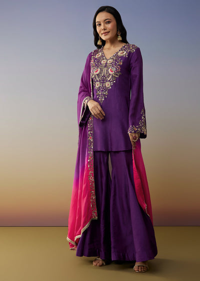 Purple Ombre Satin Palazzo Suits with Zardosi Sequins Work