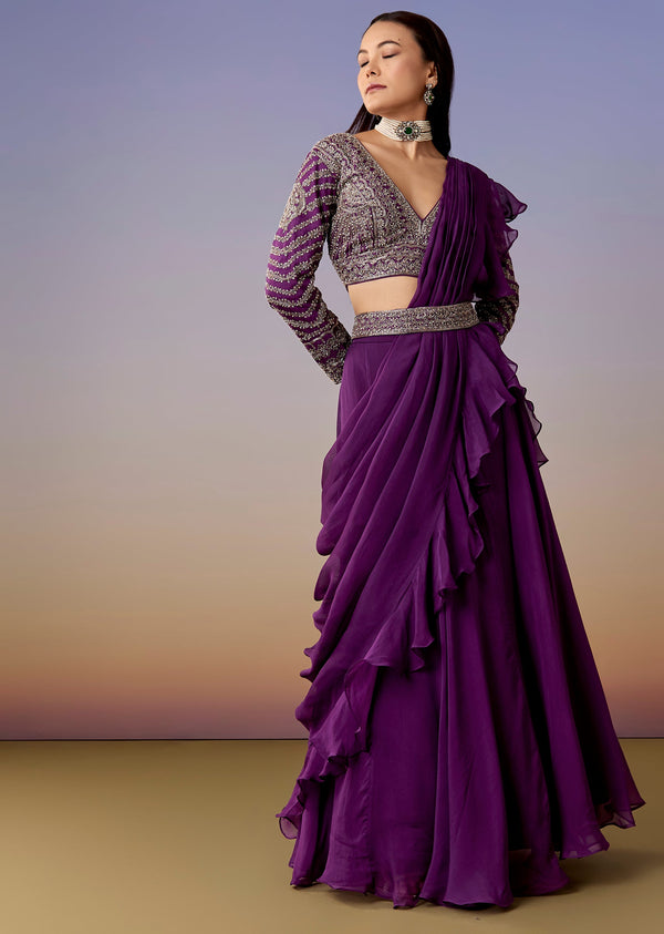 Purple Pre Draped Saree Set With Belt