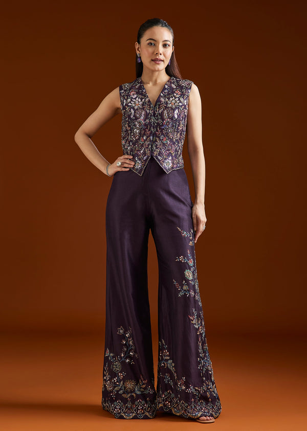 Purple Printed Silk Blend Crop Top Palazzo Set