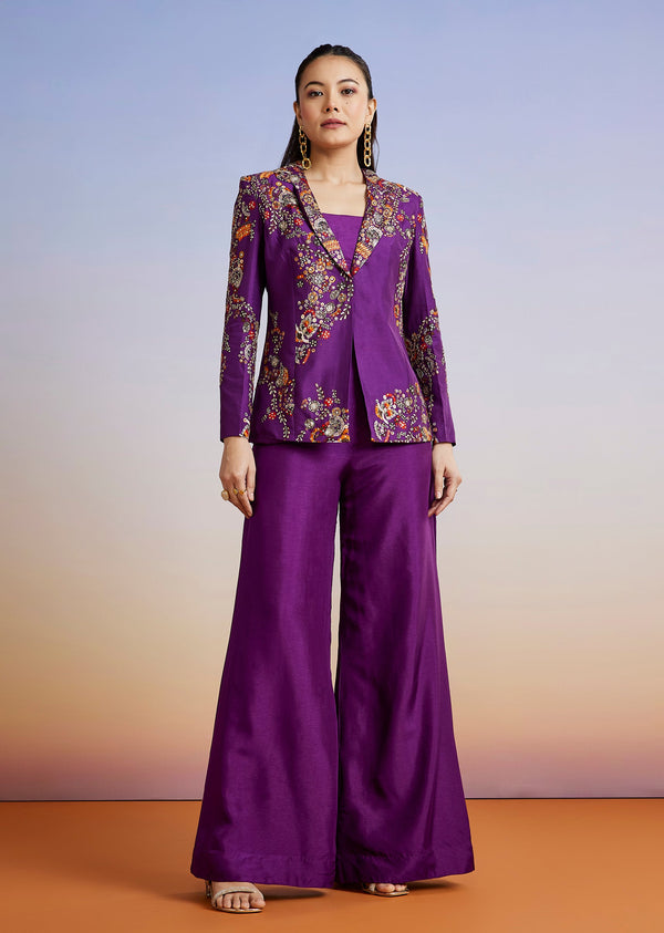 Purple Printed Silk Blend Jacket Palazzo Set