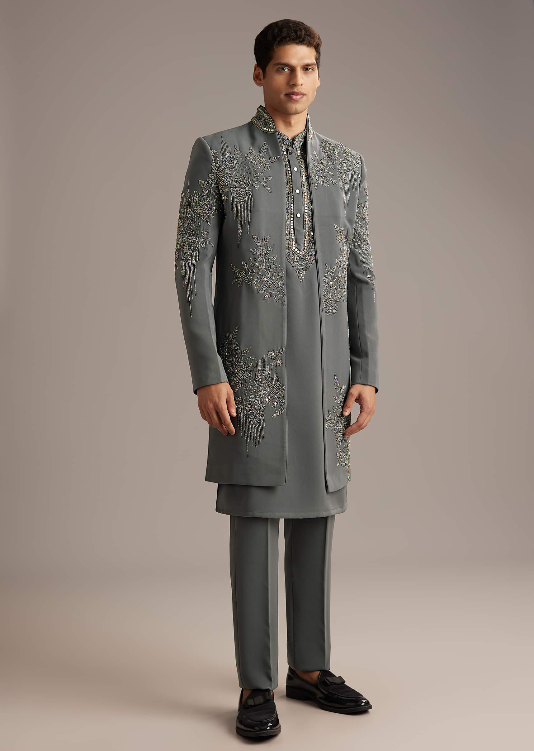 Purple Rayon Indo Western Set For Men With Heavy Hand Embroidery