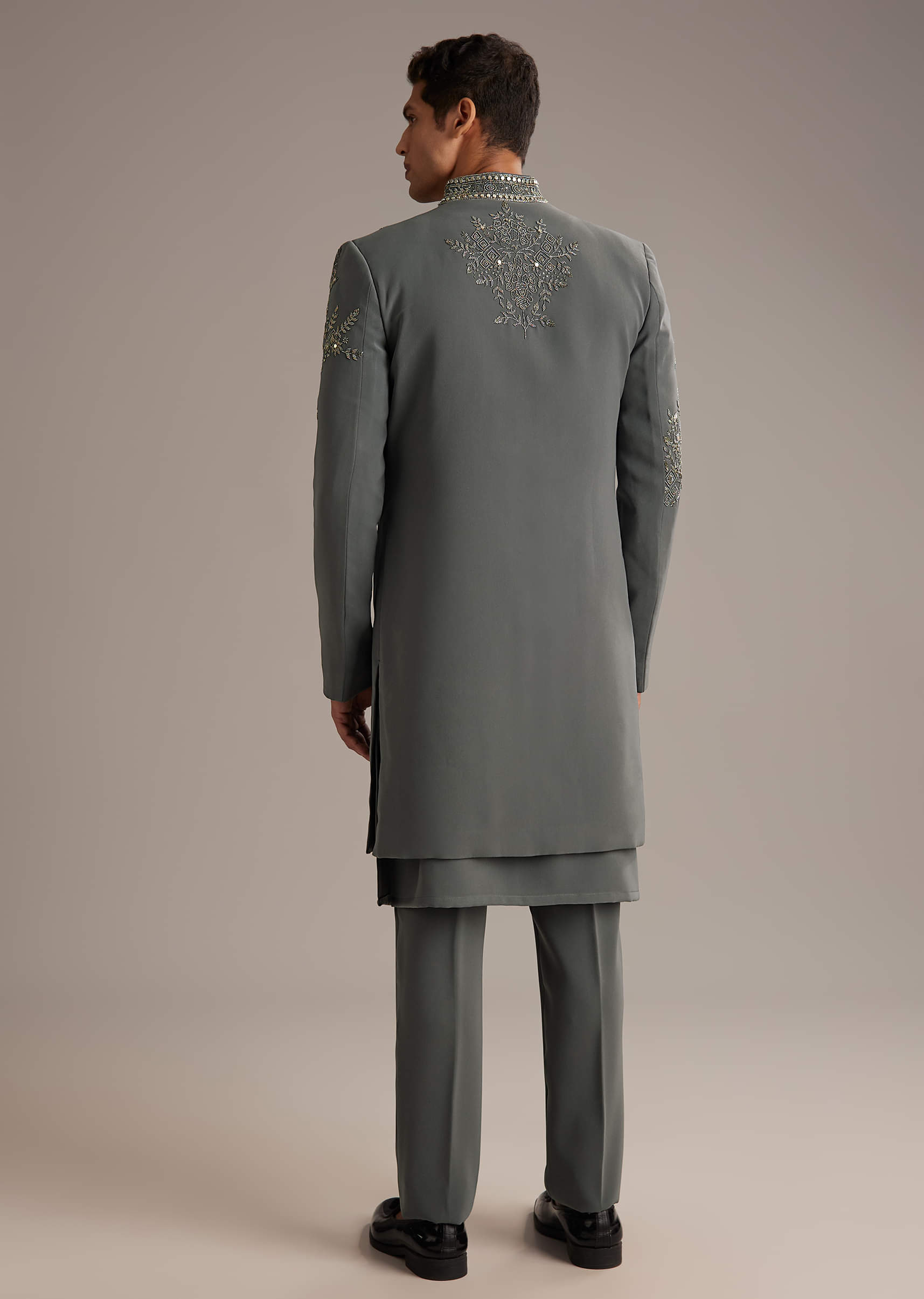 Purple Rayon Indo Western Set For Men With Heavy Hand Embroidery