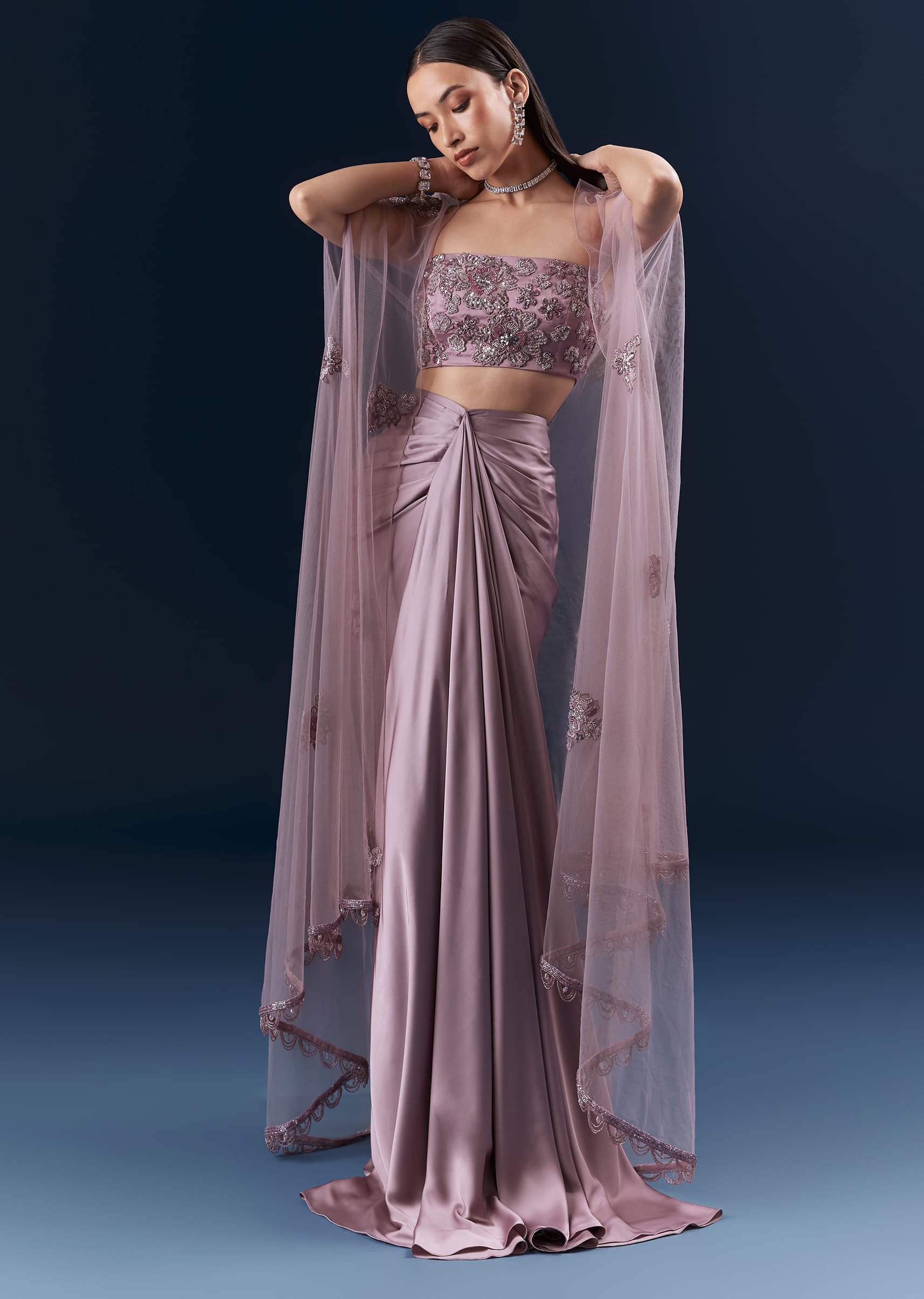 Purple Satin Crop Top And Drape Skirt Set With Lace Work