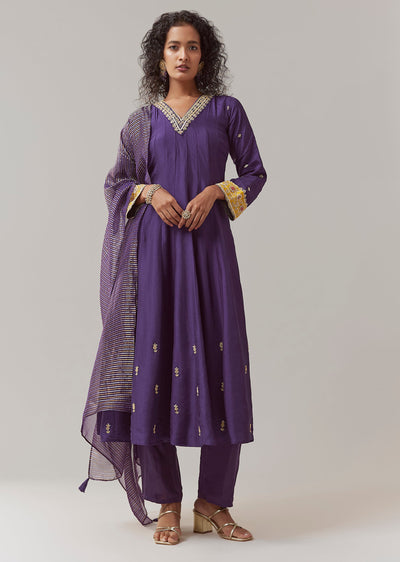 Purple Sequin Work Silk Anarkali Set