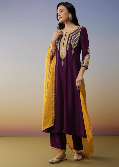 Purple Silk Anarkali Suits with Moti and Sequins Work