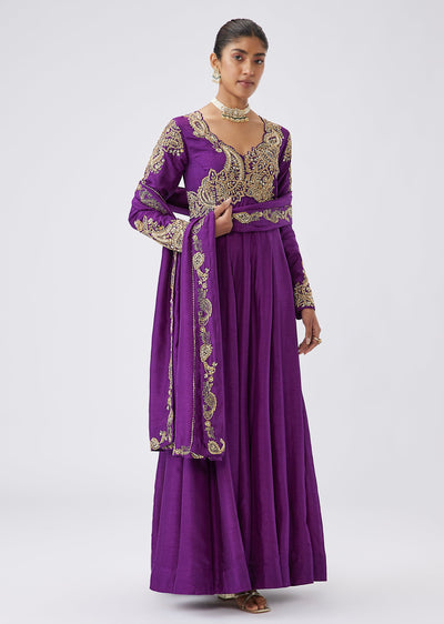 Purple Silk Embroidered Anarkali Suit With Dupatta