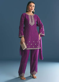 Purple Silk Embroidered Kurta Set With Dupatta