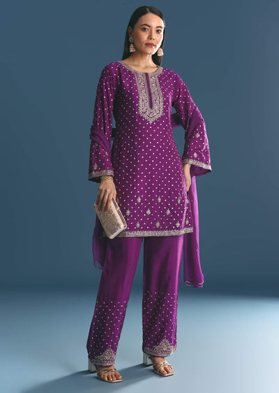 Purple Silk Embroidered Kurta Set With Dupatta