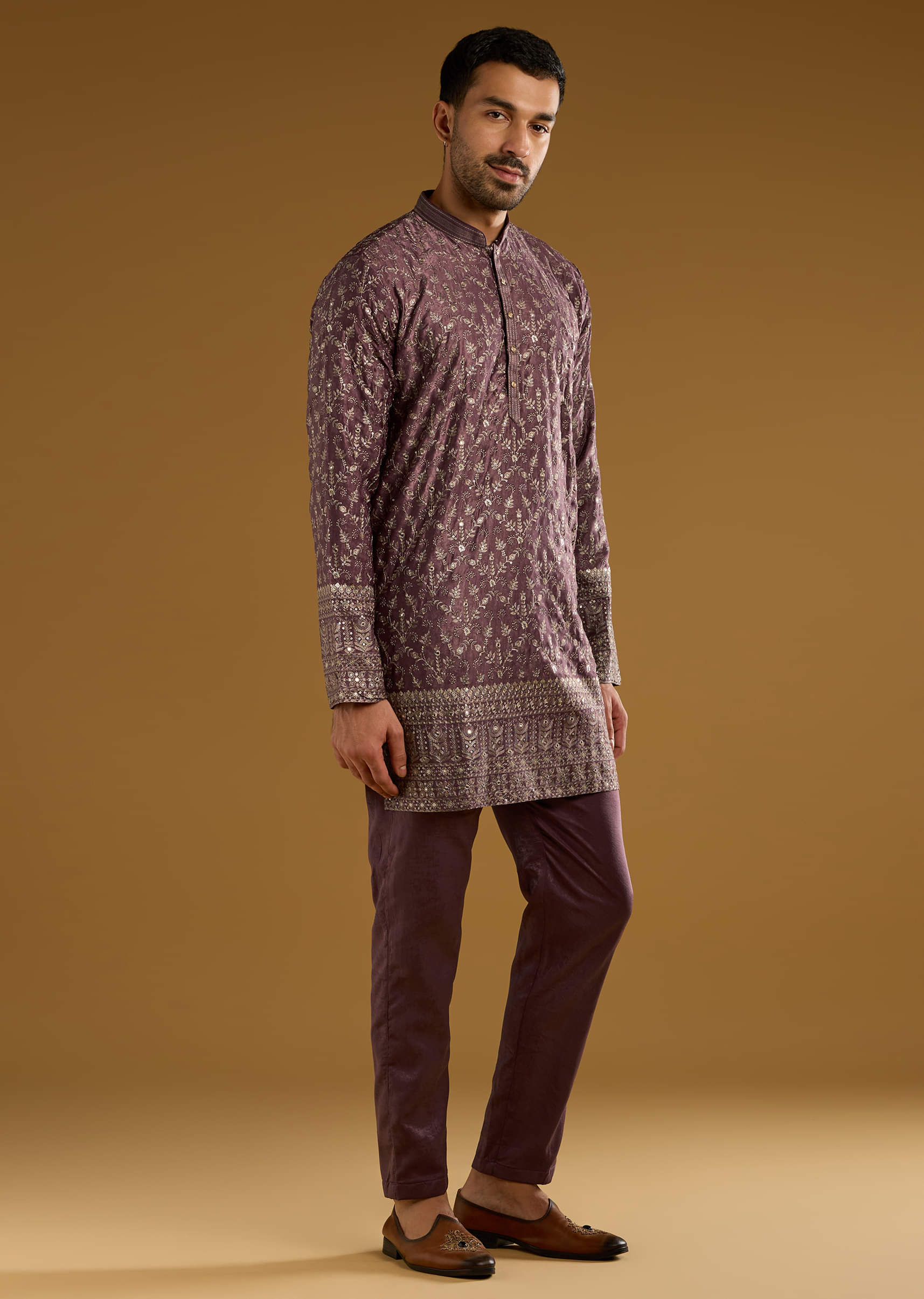 Purple Silk Kurta Set For Men With Intricate Hand Embroidery