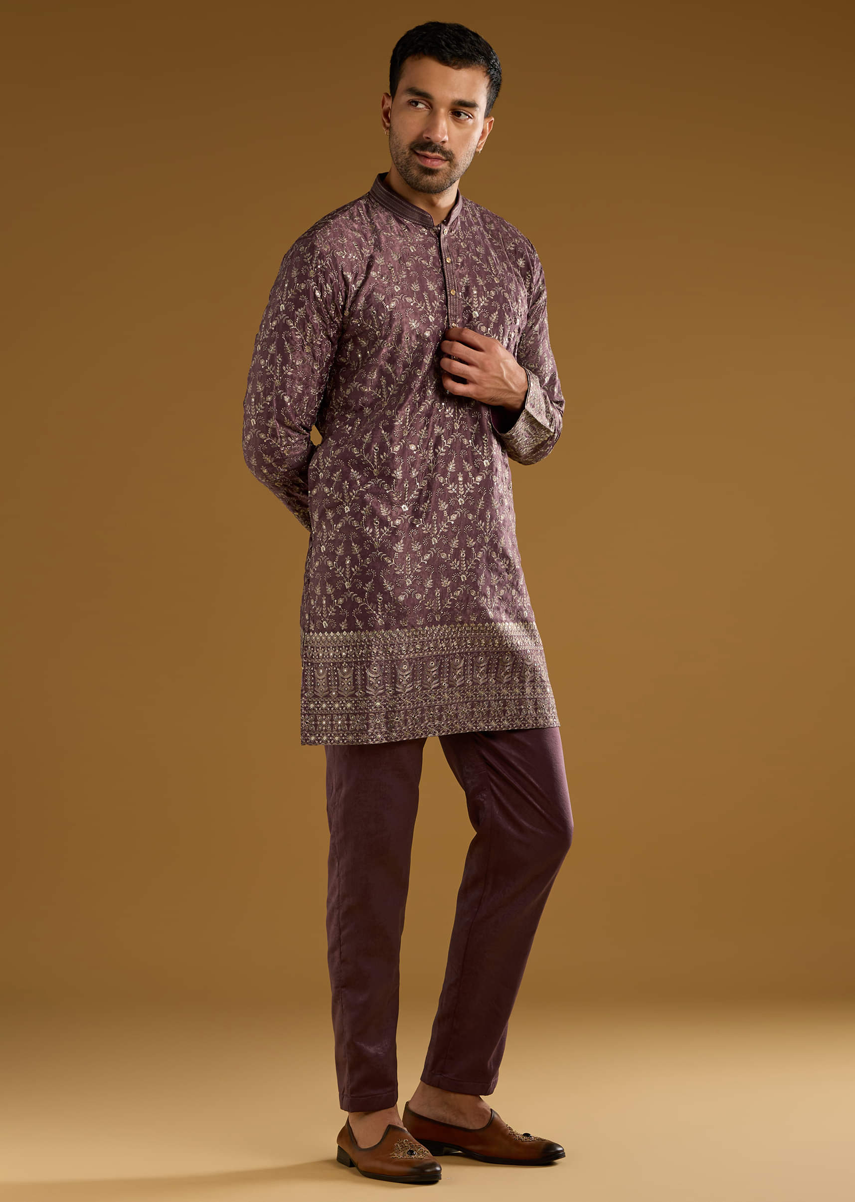 Purple Silk Kurta Set For Men With Intricate Hand Embroidery