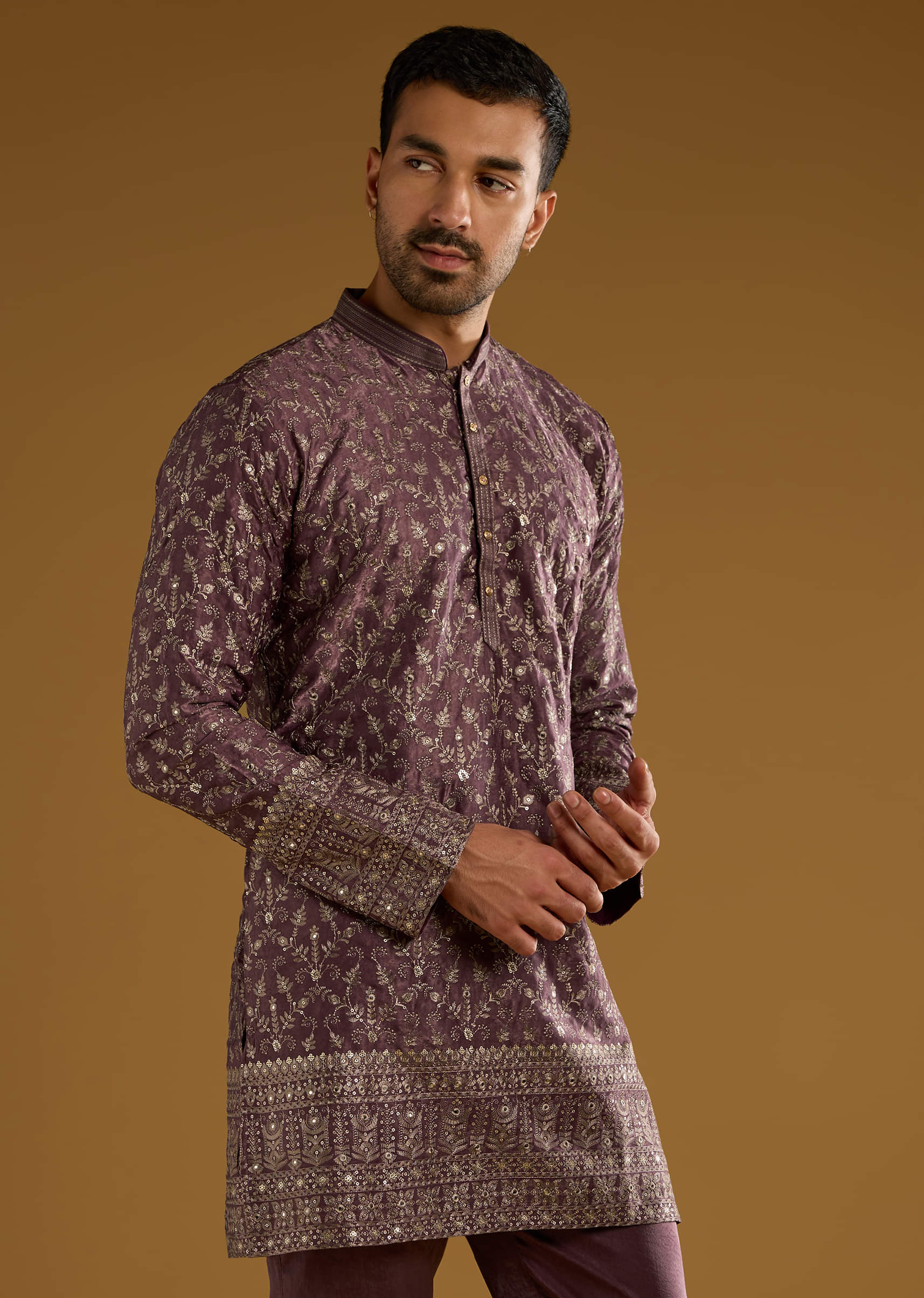 Purple Silk Kurta Set For Men With Intricate Hand Embroidery