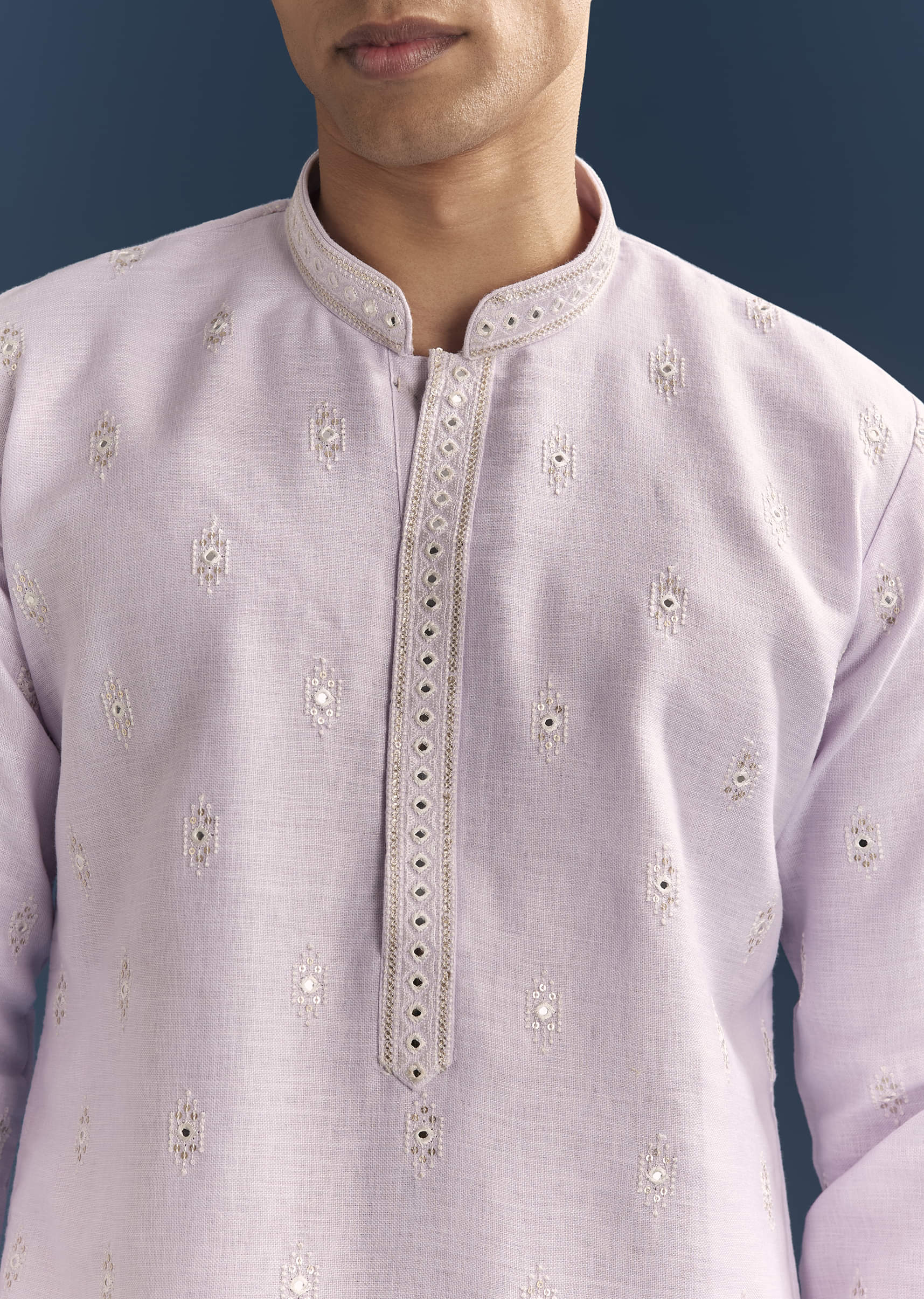 Purple Silk Kurta Set For Men With Mirror Embroidery