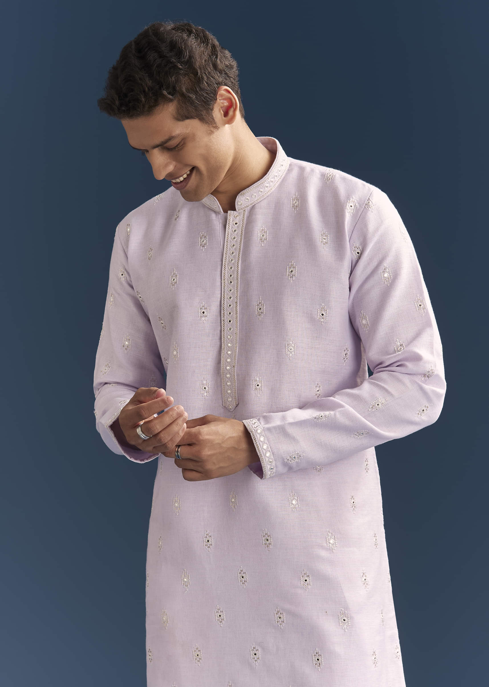 Purple Silk Kurta Set For Men With Mirror Embroidery