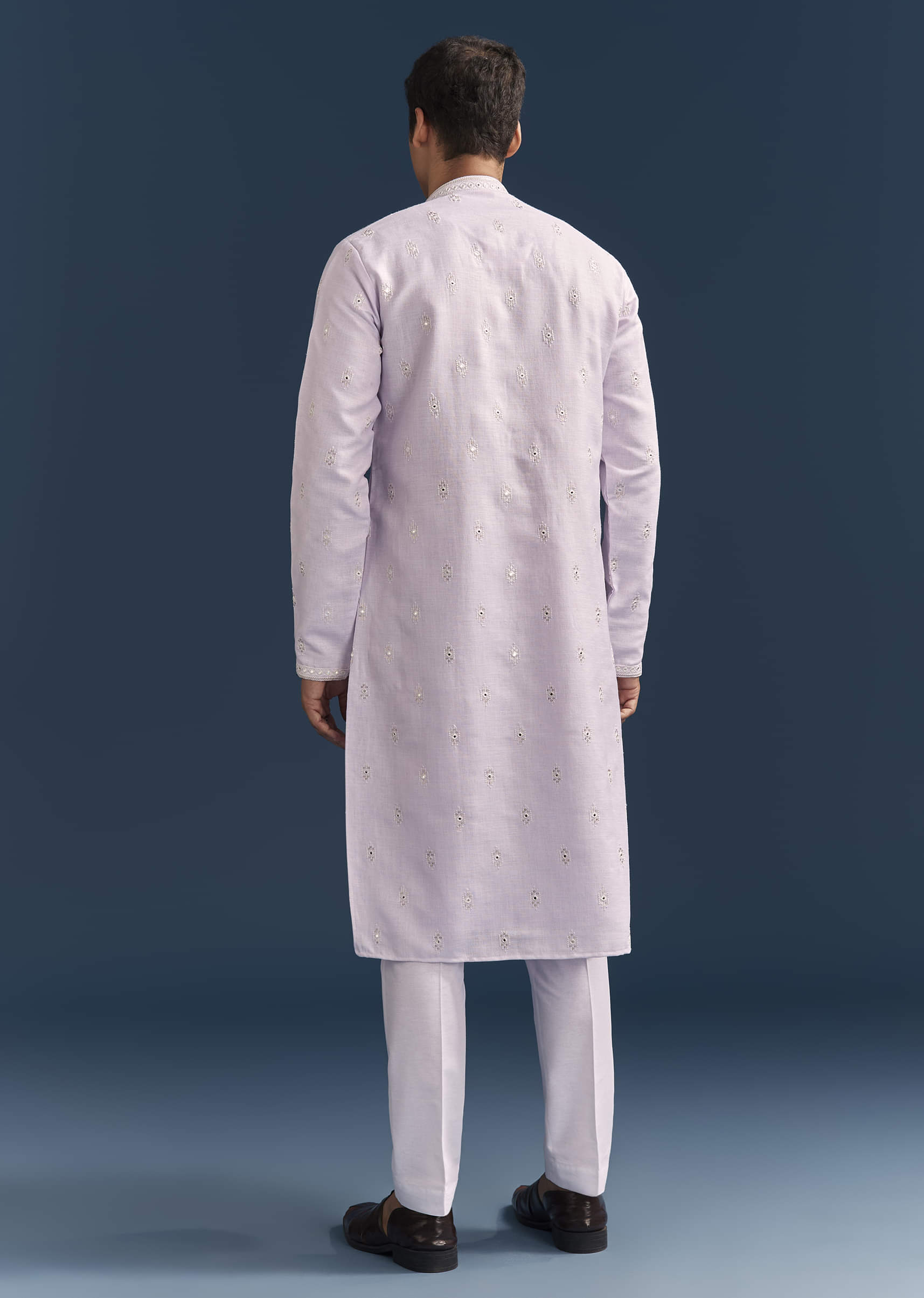 Purple Silk Kurta Set For Men With Mirror Embroidery