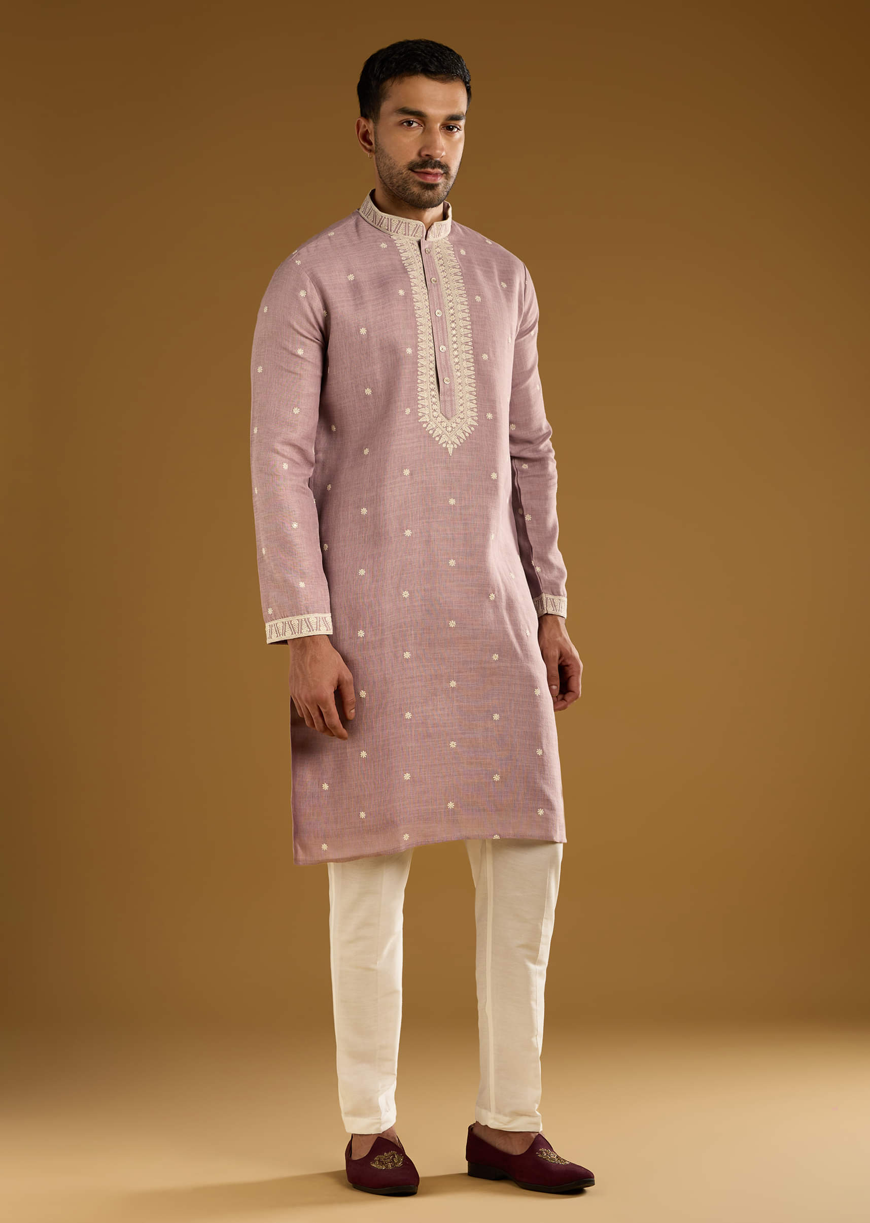 Purple Silk Kurta Set For Men With Resham Embroidery