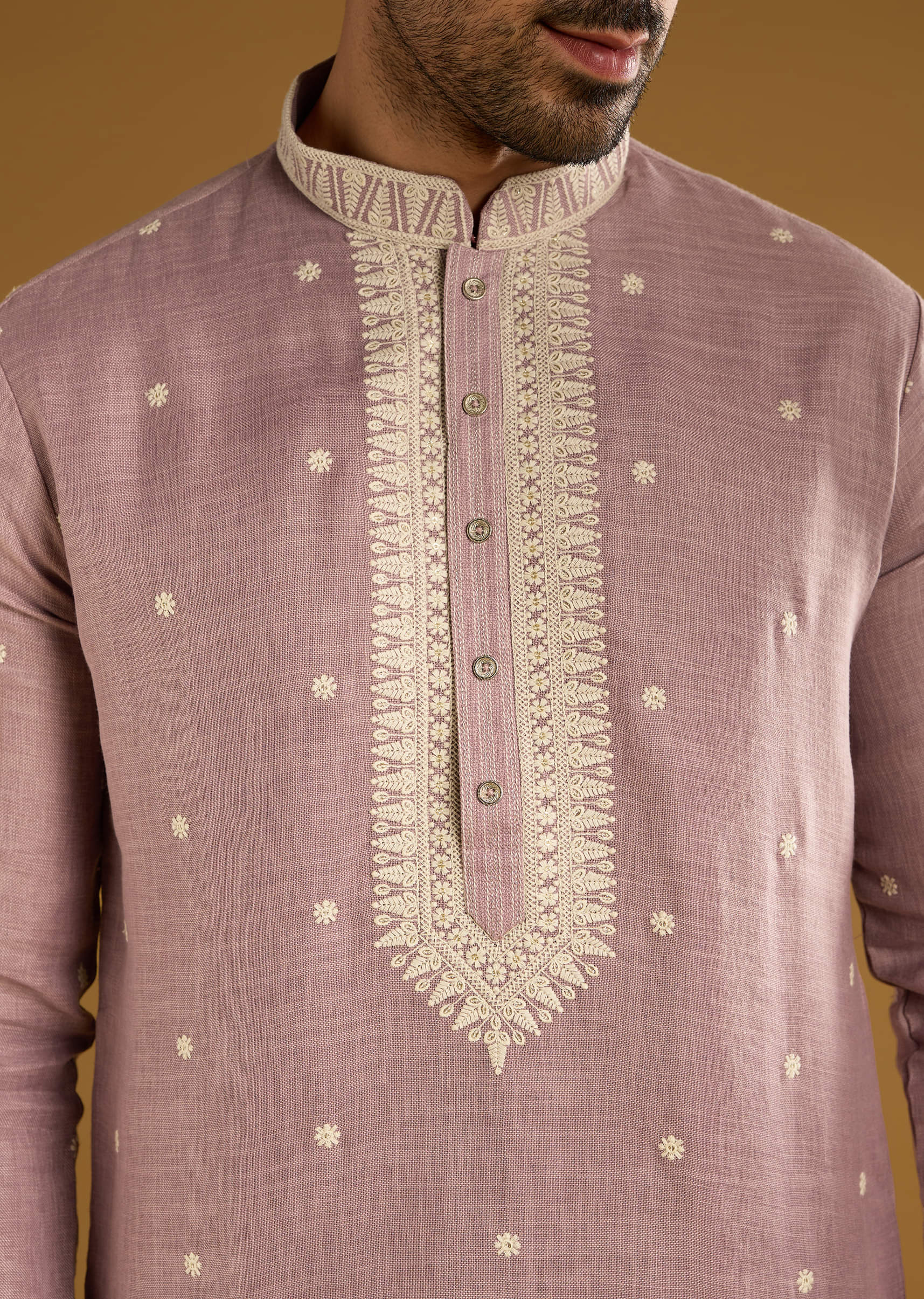 Purple Silk Kurta Set For Men With Resham Embroidery