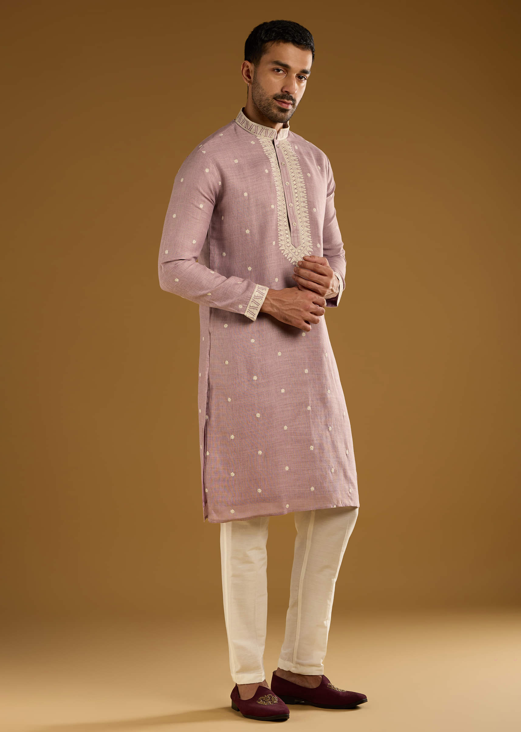 Purple Silk Kurta Set For Men With Resham Embroidery