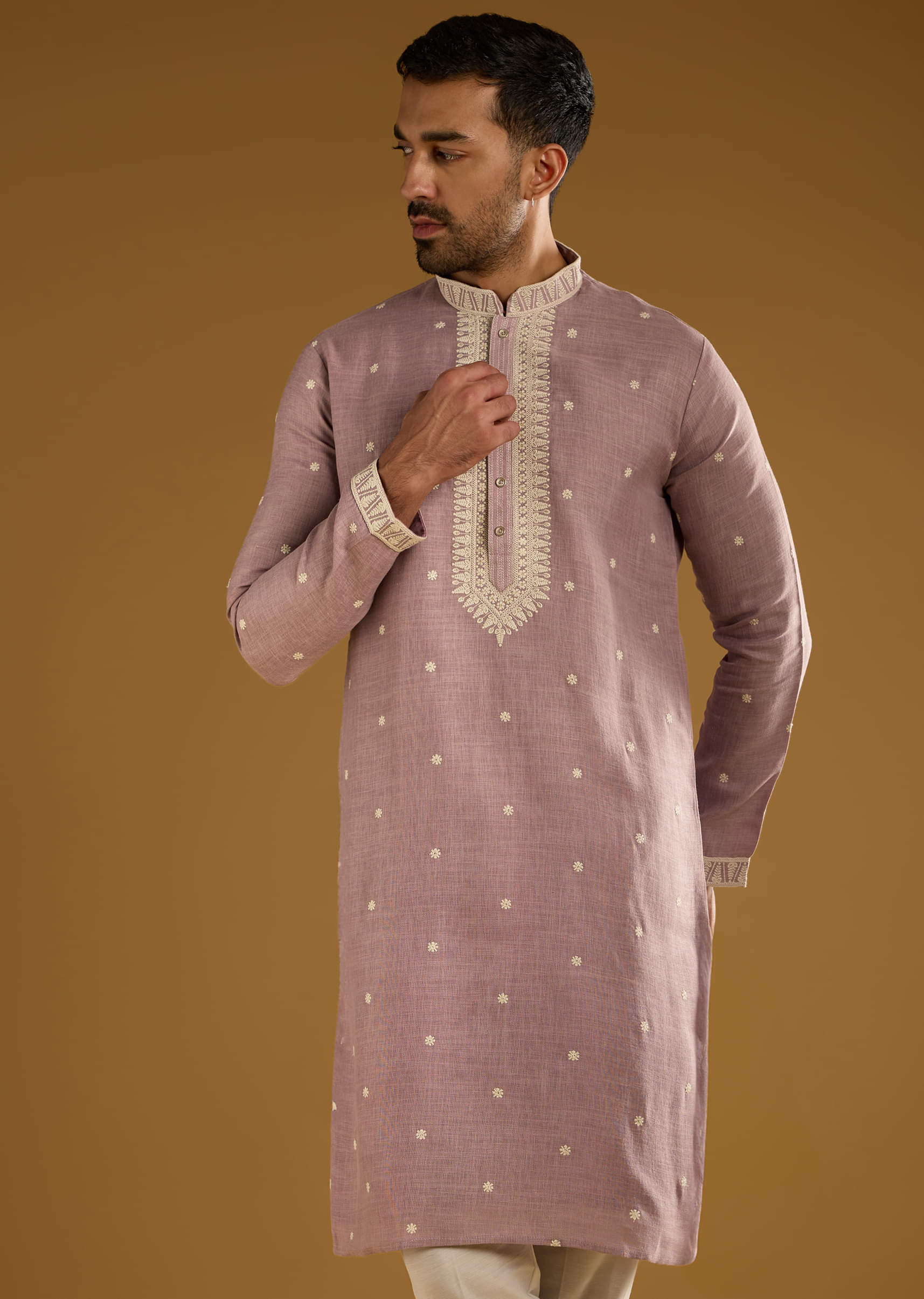 Purple Silk Kurta Set For Men With Resham Embroidery