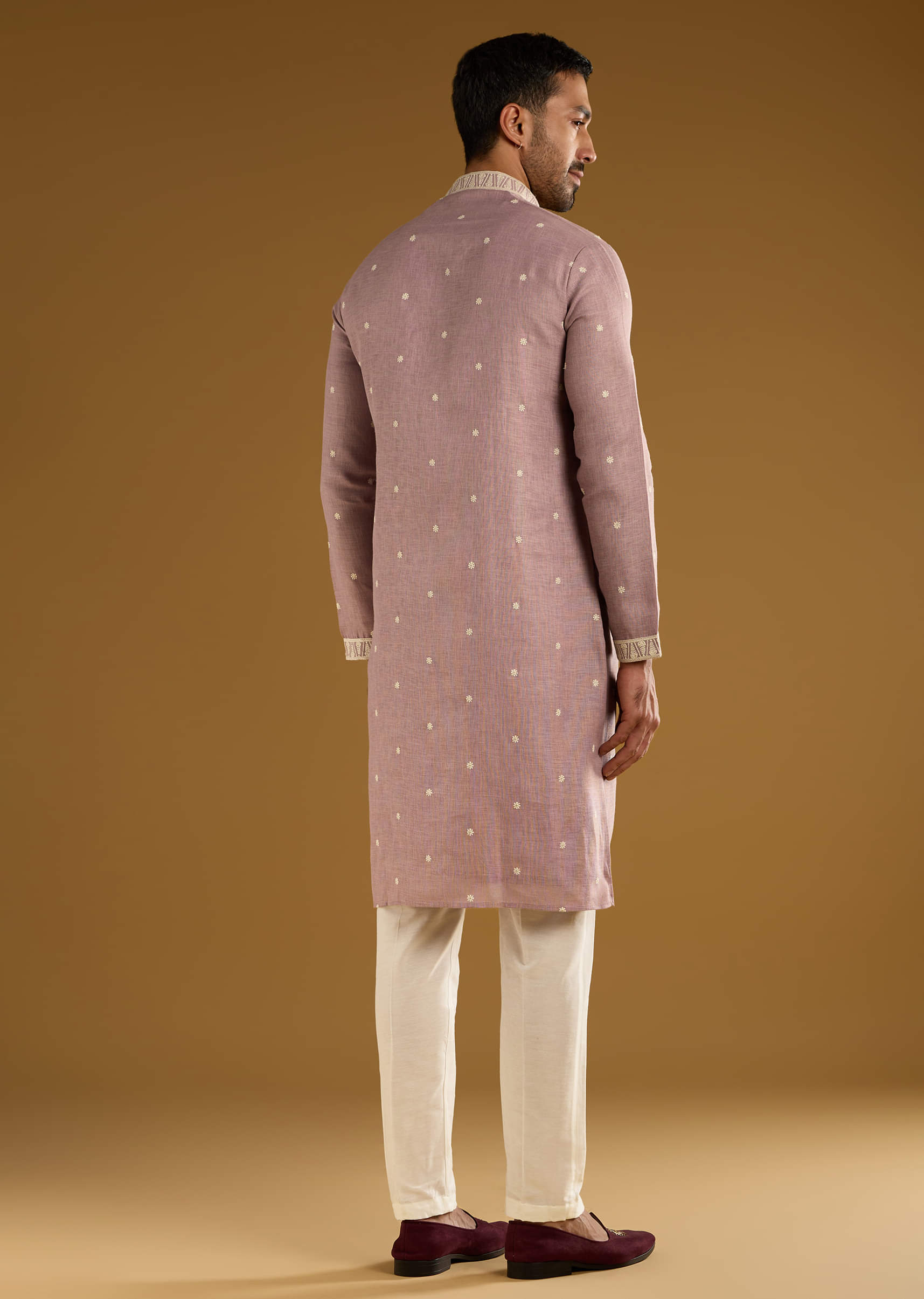 Purple Silk Kurta Set For Men With Resham Embroidery