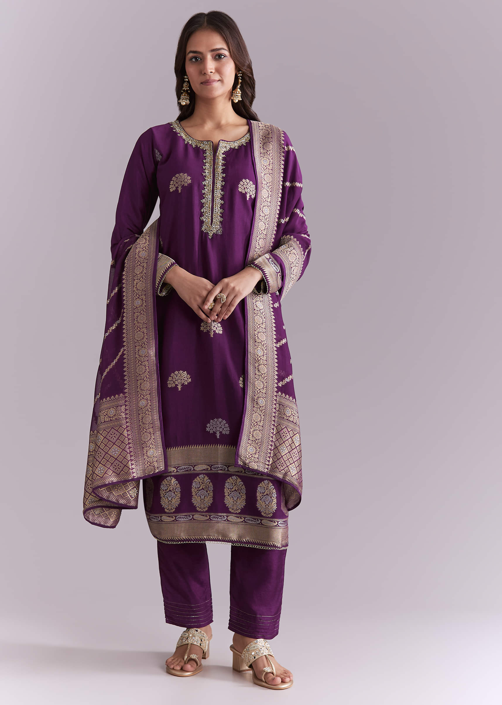 Purple Silk Kurta Set With Banarasi Weave