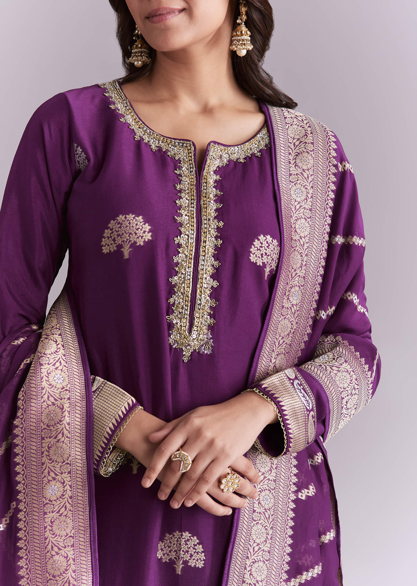 Purple Silk Kurta Set With Banarasi Weave
