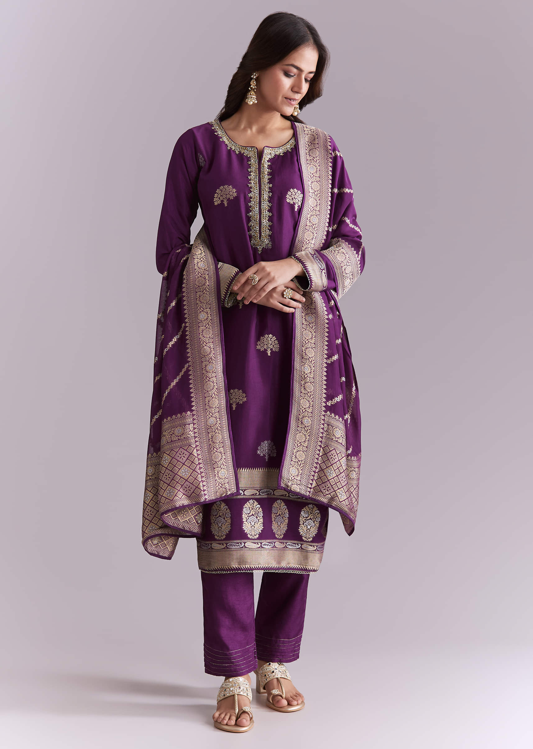 Purple Silk Kurta Set With Banarasi Weave