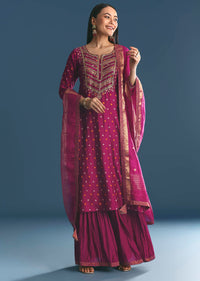 Purple Silk Kurta Sharara Suit With Bandhani And Sequins Work
