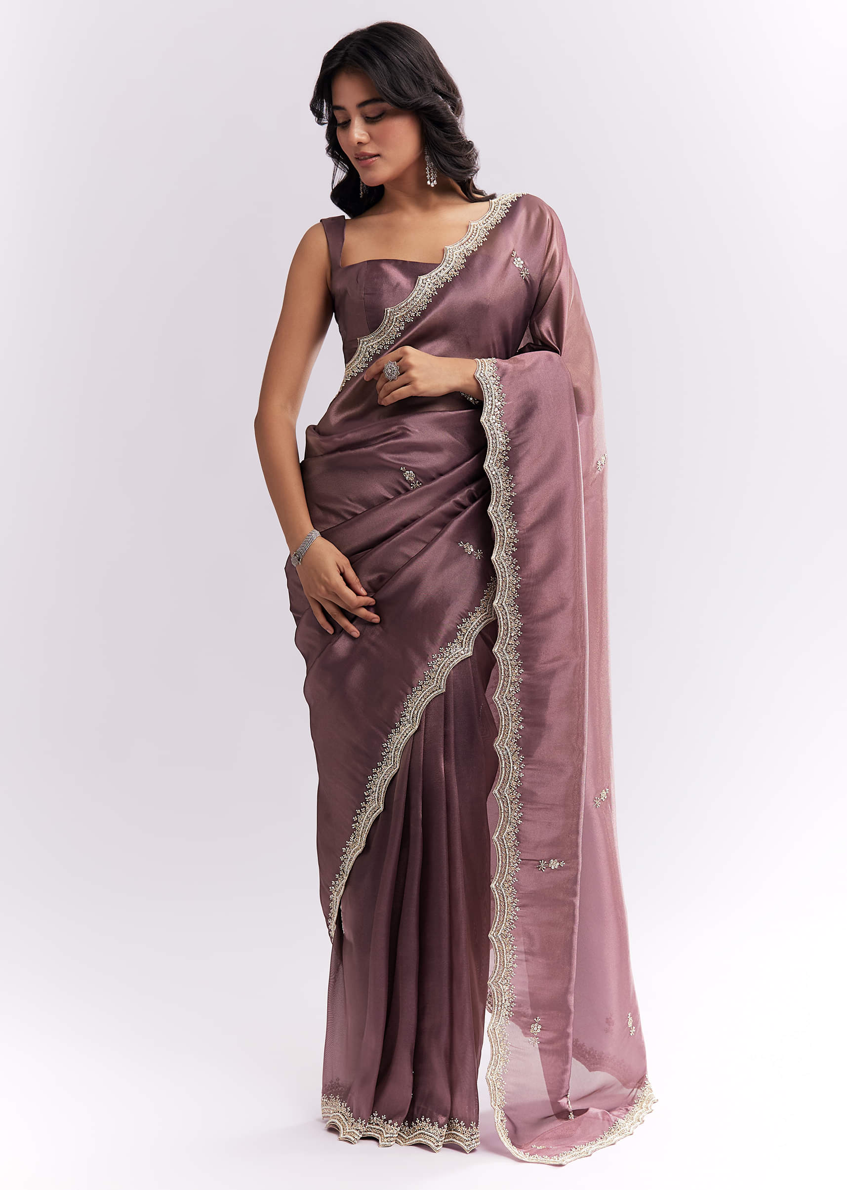 Purple Silk Organza Saree With Heavy Hand Embroidery