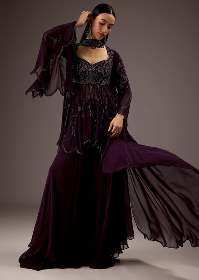 Purple Silk Palazzo Suit With Elegant Hand Work