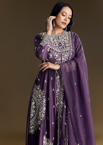 Purple Silk Palazzo Suit With Moti Work