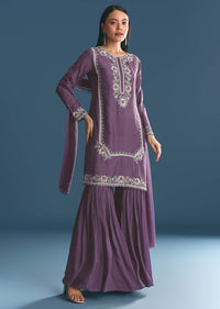 Purple Silk Sequin Work Kurta Sharara With Supatta