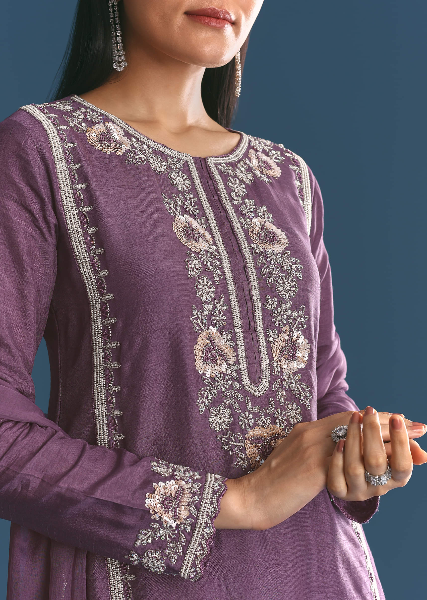 Purple Silk Sequin Work Kurta Sharara With Supatta