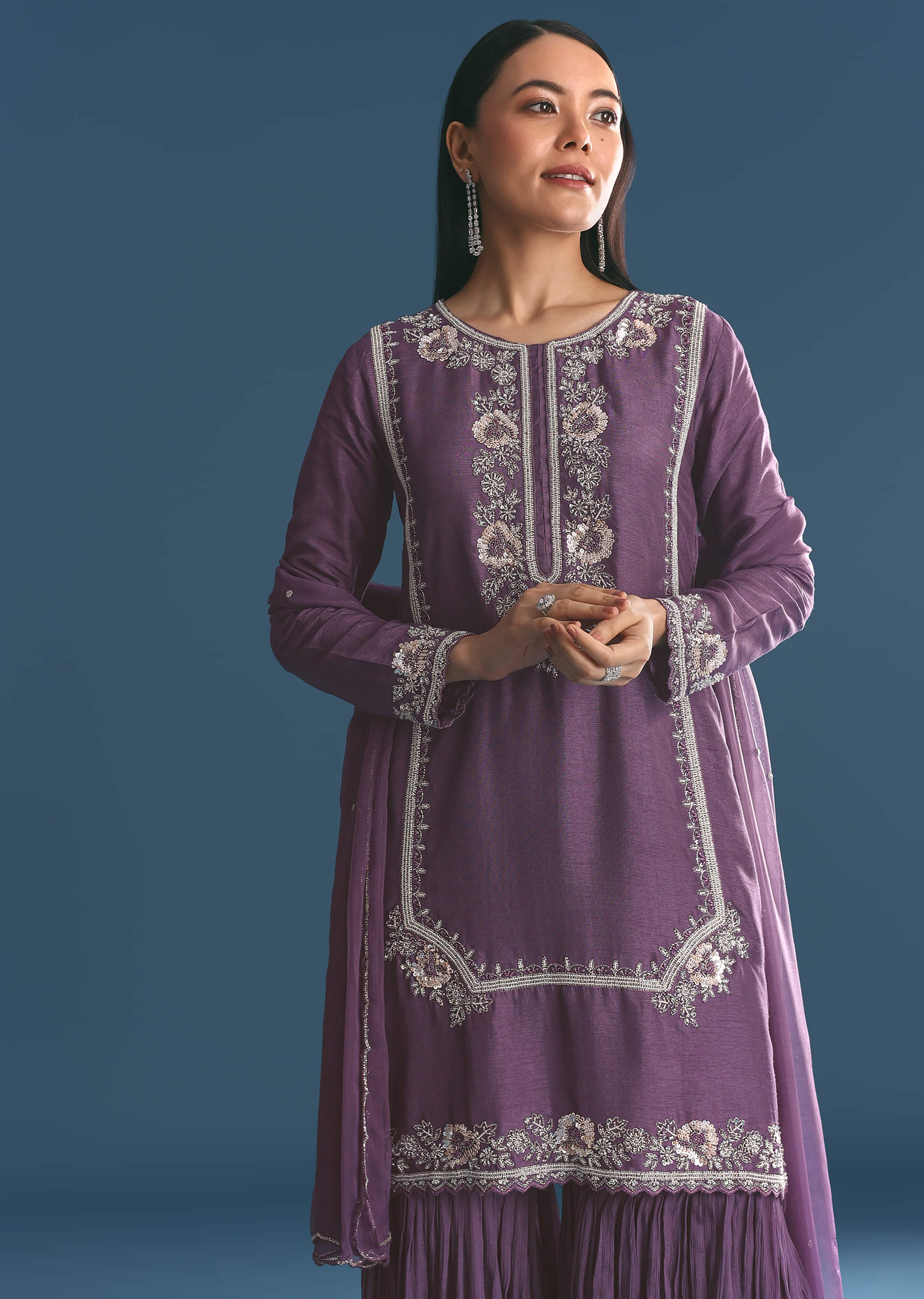 Purple Silk Sequin Work Kurta Sharara With Supatta