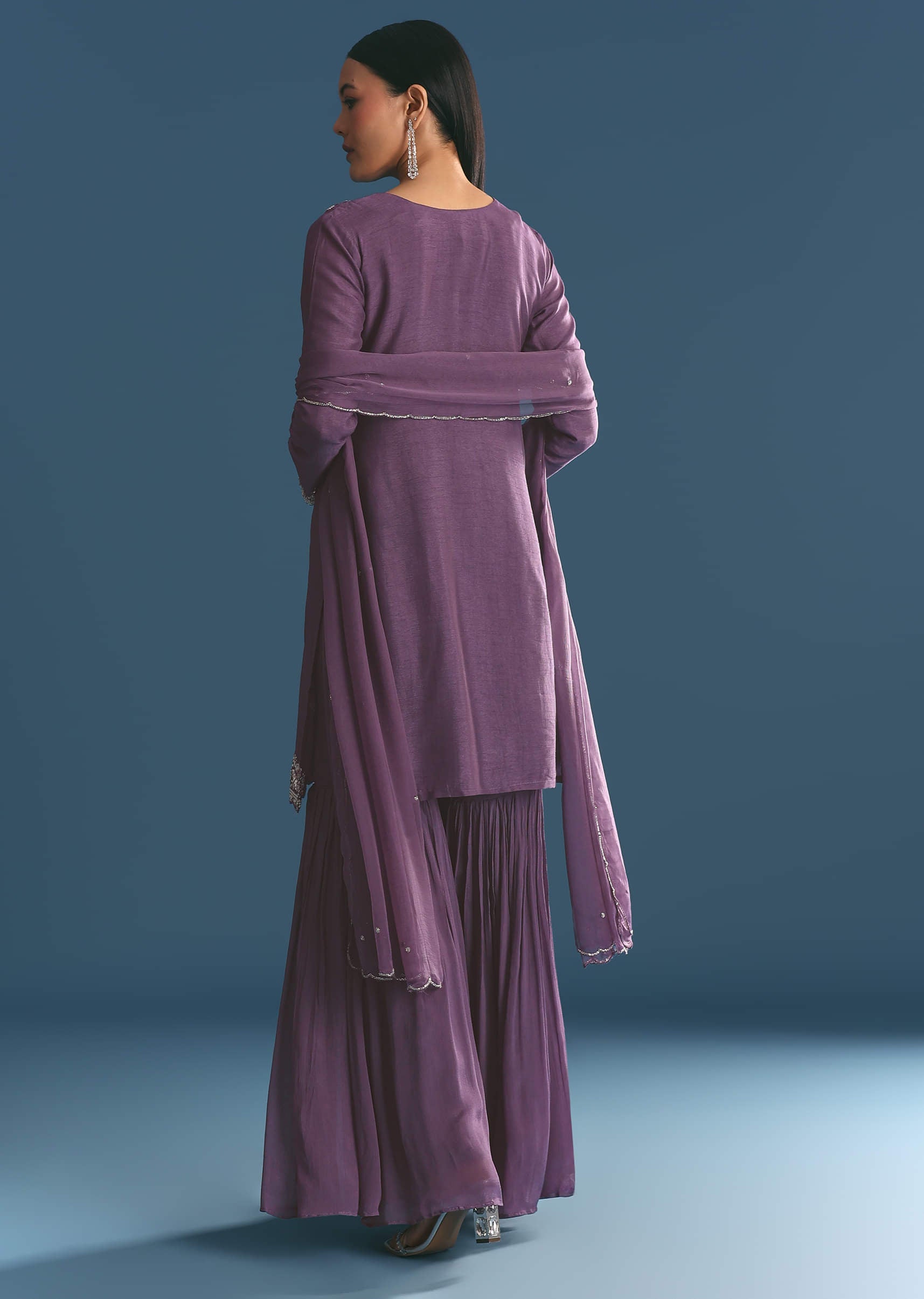 Purple Silk Sequin Work Kurta Sharara With Supatta