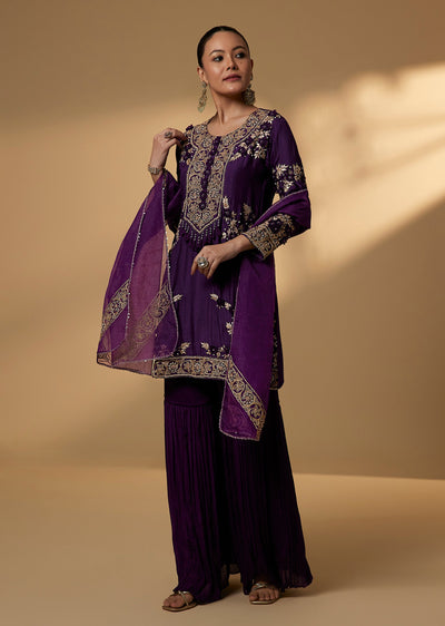 Purple Silk Sharara Suit Set With Zari Gotta Embroidery